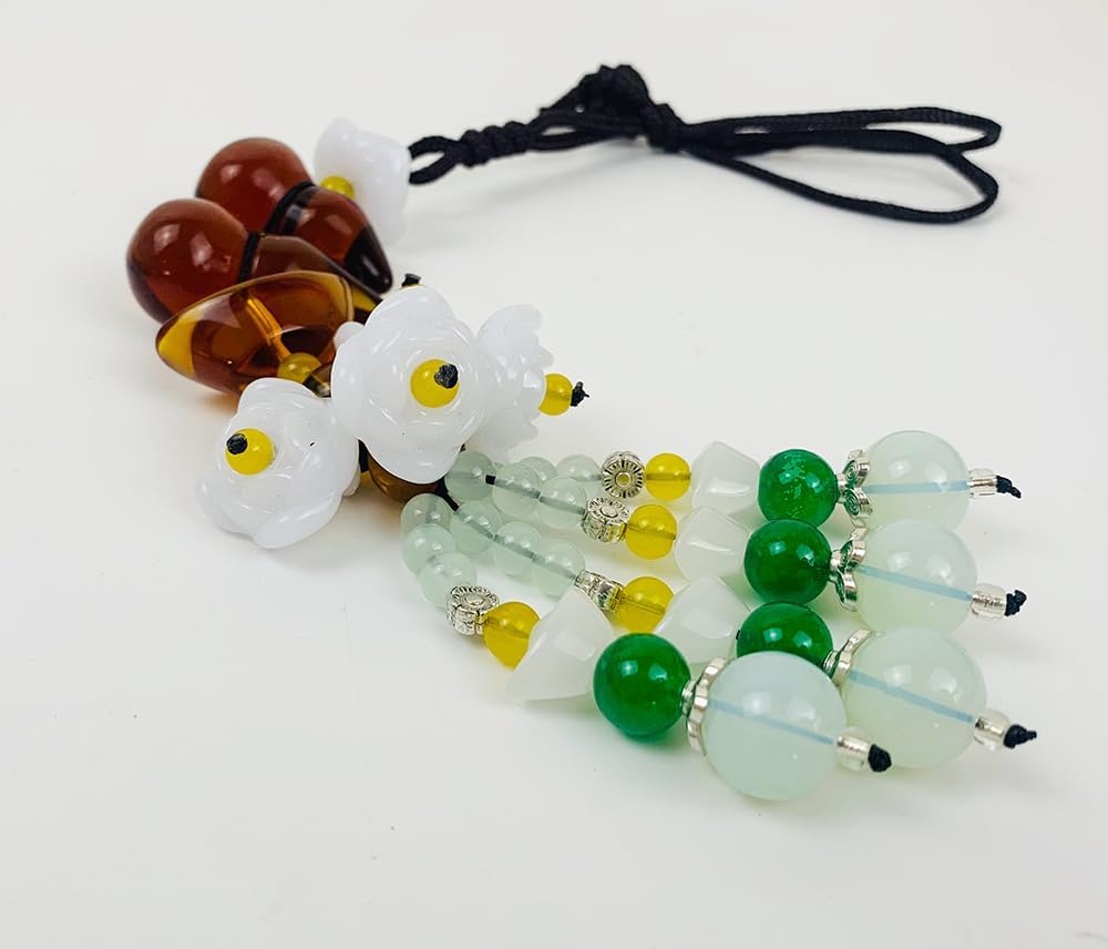 Feng Shui Car Hanging Pendant with Lotus Gourd Jade Symbols Brown
