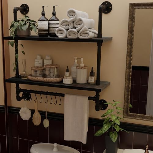 ROGMARS Industrial Pipe Bathroom Shelves with Towel Bar Hooks