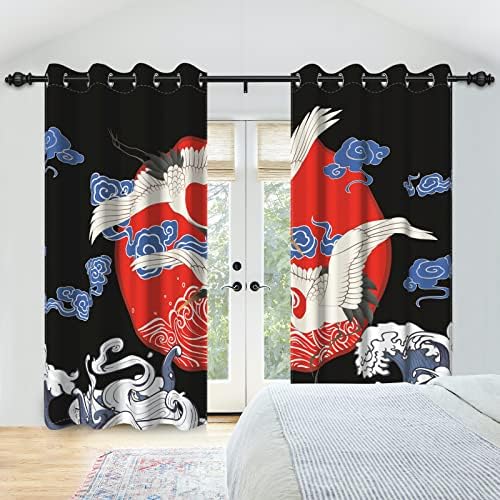 Japanese Style Curtains Flying Crane Red Sun Abstract 3D Printed 2 Panel Set