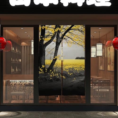 Japanese Noren Black Trees Yellow Flowers Door Curtain