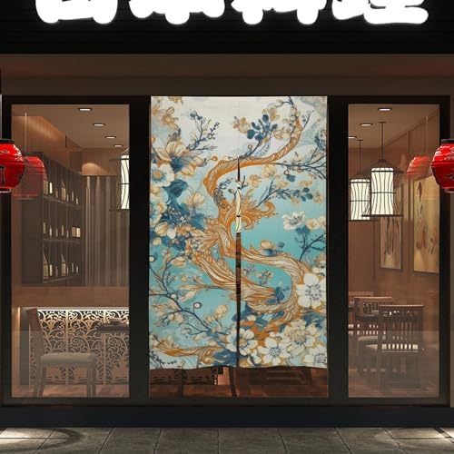 Japanese Noren Door Curtain with Trees and Flowers Print