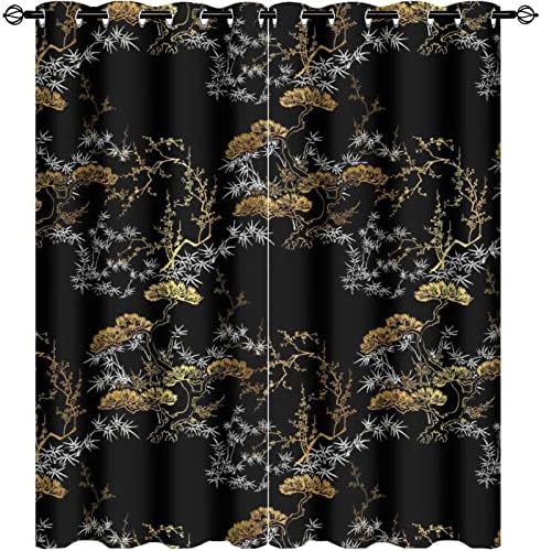 Cool Japanese Curtains Black Gold Pine Pattern Grommet Blackout Curtains 55x63in