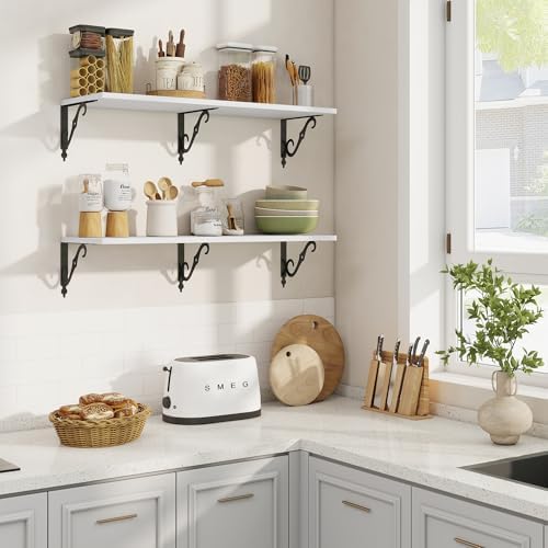 RICHFOCUS 12 Inch Deep Floating Shelves Set of 2 White Wood Wall Shelves