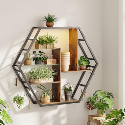 Gaming Shelf with RGB Lights and Hooks - Rustic Brown