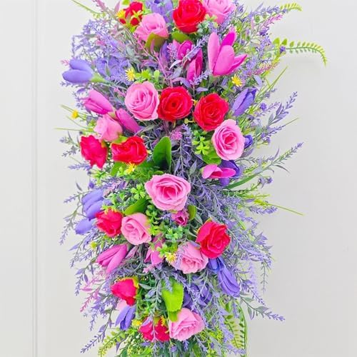 256 Inch Artificial Teardrop Spring Wreath with Flowers and Foliage