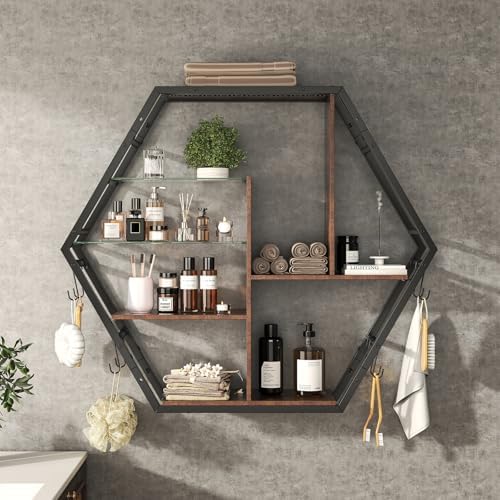 Gaming Shelf with RGB Lights and Hooks - Rustic Brown