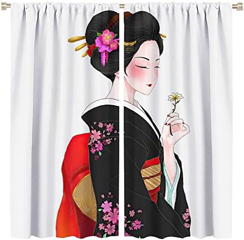 Japanese Curtain Kyoto Geisha Girls Cherry Blossom Window Art Curtain Panels 42x54in