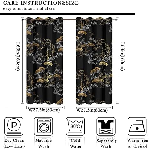 Cool Japanese Curtains Black Gold Pine Pattern Grommet Blackout Curtains 55x63in