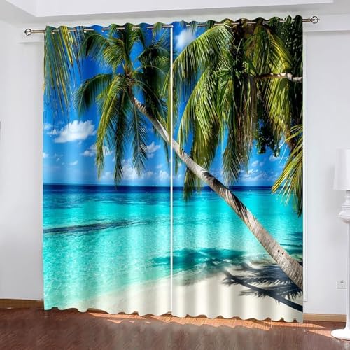 Homxi Kitchen Curtains 2 Pack Blackout with Coconut Trees and Ocean Landscape