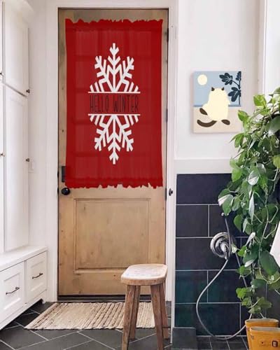 Hello Winter French Door Curtain 54x40 with Snowflake Red Christmas Design