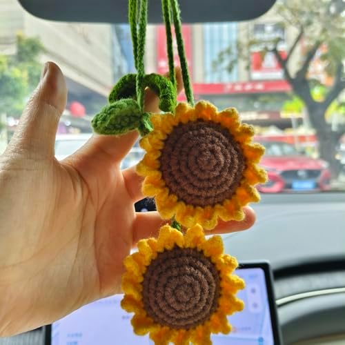 2 Pack Crochet Sunflower Car Hanging Ornament for Women