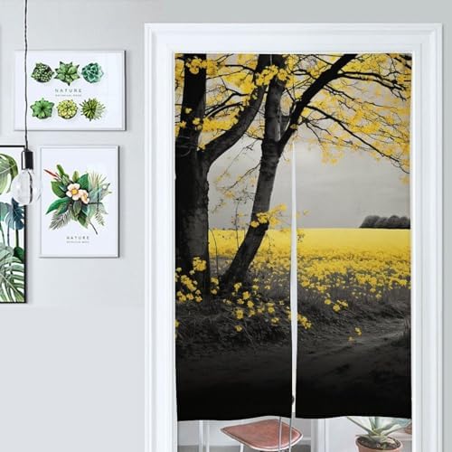 Japanese Noren Black Trees Yellow Flowers Door Curtain
