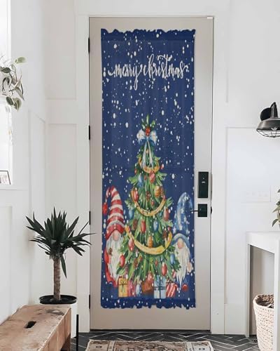 Christmas French Door Curtain with Blue Gnomes and Snowflakes Design