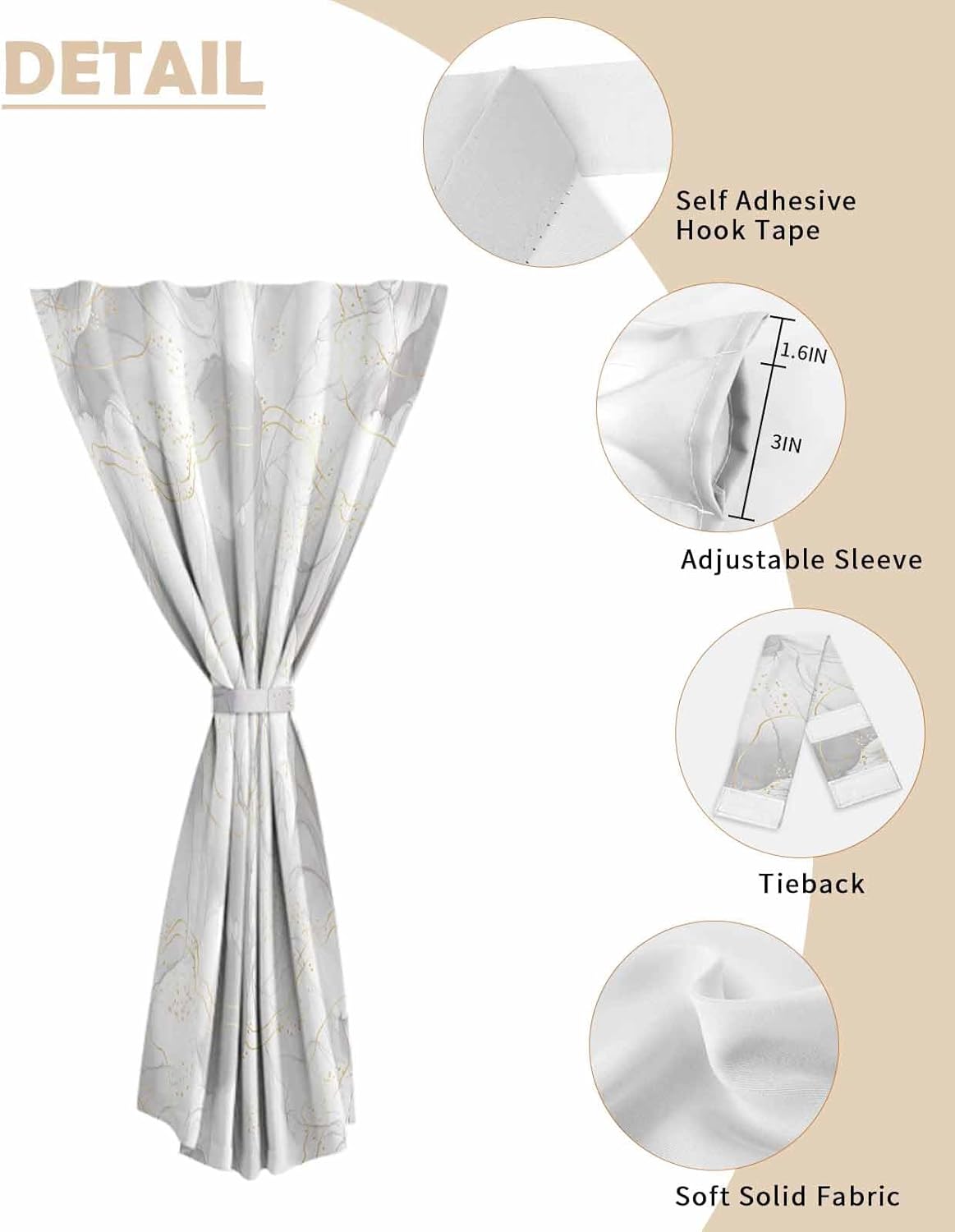 Grey Ombre Marble Self Adhesive Portable Curtains for Windows