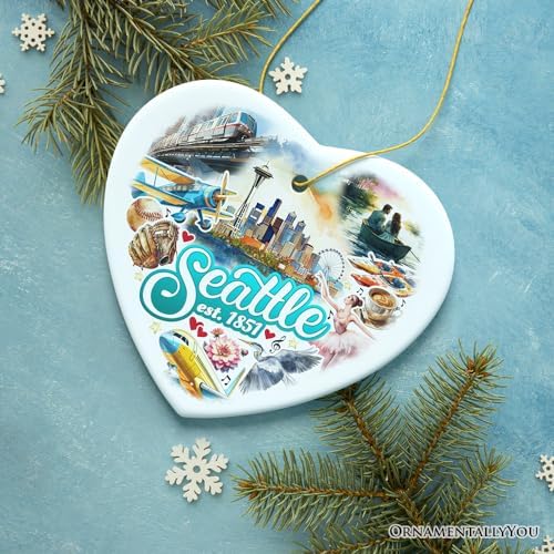 Unique Seattle Watercolor Ceramic Ornament Heart Shape