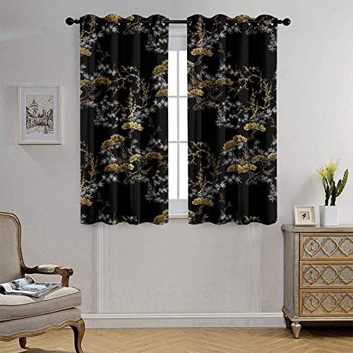 Cool Japanese Curtains Black Gold Pine Pattern Grommet Blackout Curtains 55x63in