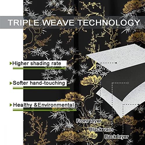 Cool Japanese Curtains Black Gold Pine Pattern Grommet Blackout Curtains 55x63in
