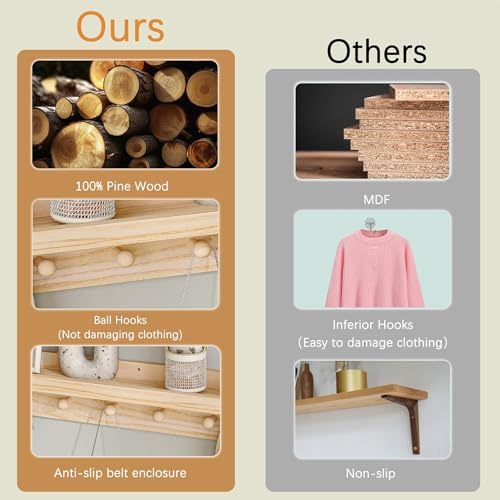 MBYD 36 Inch Floating Wood Shelf With Hooks