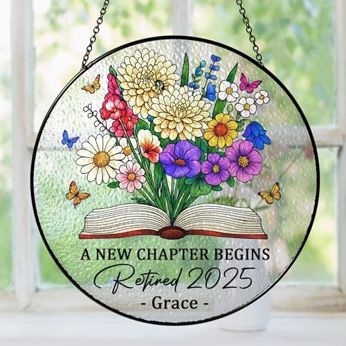 Personalized Retirement Stained Glass Suncatcher - Custom Name Floral Decor