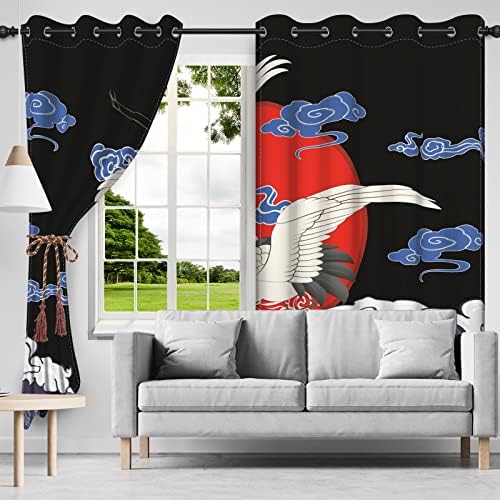 Japanese Style Curtains Flying Crane Red Sun Abstract 3D Printed 2 Panel Set