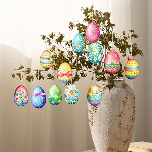 Wooden Easter Egg Hanging Decorations 12Pcs Set