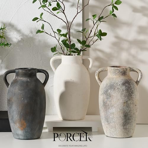 PORCER 984 Inch Ceramic Terracotta Vase with Handles - Gray