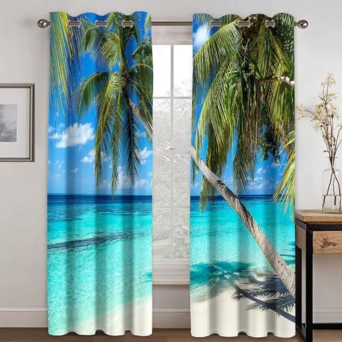 Homxi Kitchen Curtains 2 Pack Blackout with Coconut Trees and Ocean Landscape