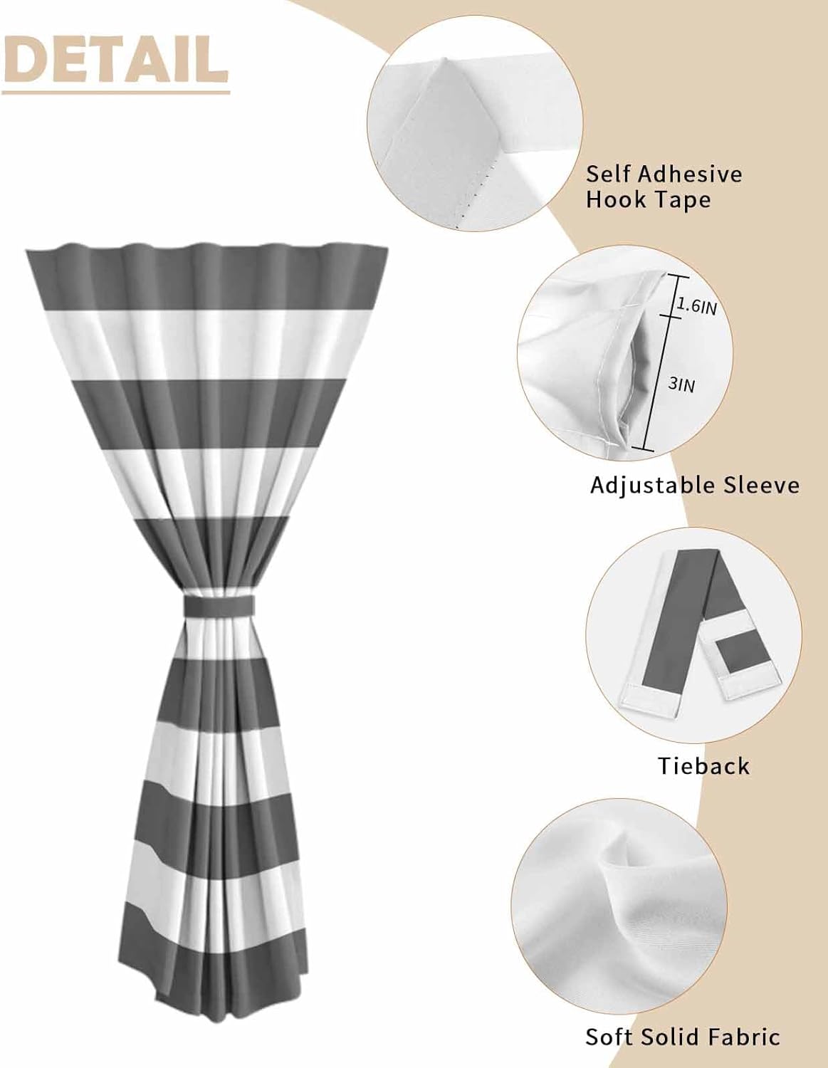 Grey Stripes Self Adhesive Portable Curtains for Windows