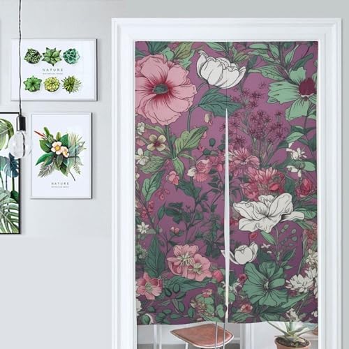 Japanese Noren Door Curtain with Green Flowers Design
