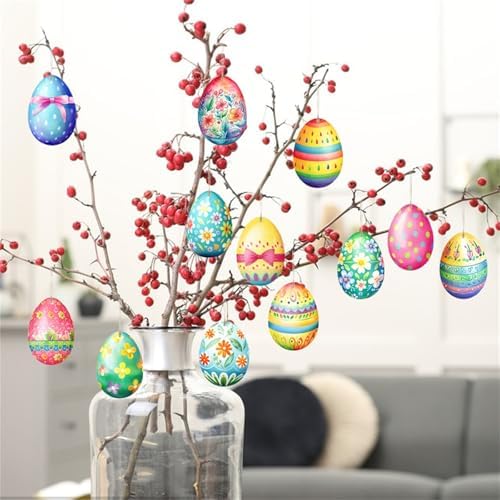Wooden Easter Egg Hanging Decorations 12Pcs Set