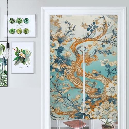 Japanese Noren Door Curtain with Trees and Flowers Print