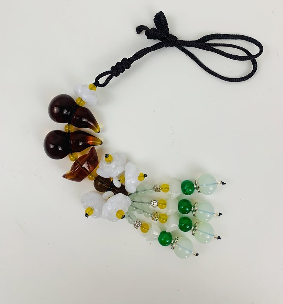 Feng Shui Car Hanging Pendant with Lotus Gourd Jade Symbols Brown
