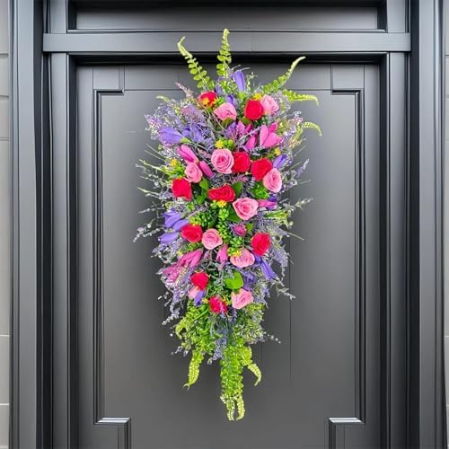 256 Inch Artificial Teardrop Spring Wreath with Flowers and Foliage