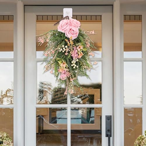 197 Inch Pink Artificial Rose Teardrop Swag Wreath with Butterflies