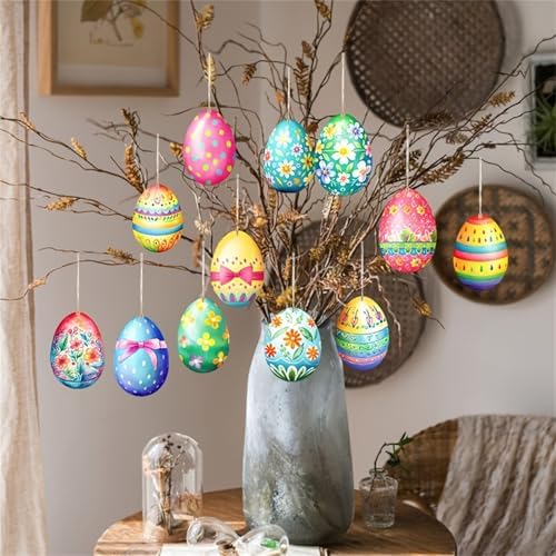 Wooden Easter Egg Hanging Decorations 12Pcs Set