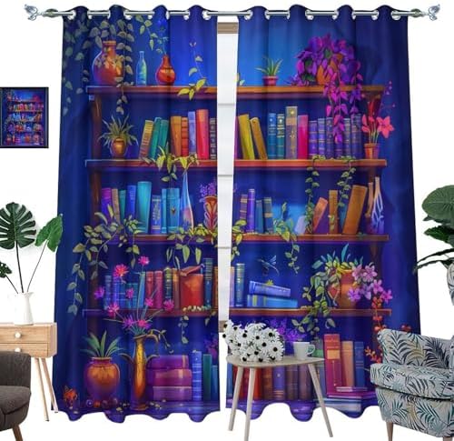 Cute Cartoon Bookshelf Curtains for Bedroom Living Room