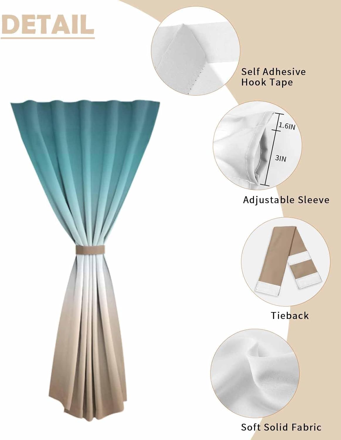 Gradient Self Adhesive Blackout Curtains for Windows 52x63 Inches