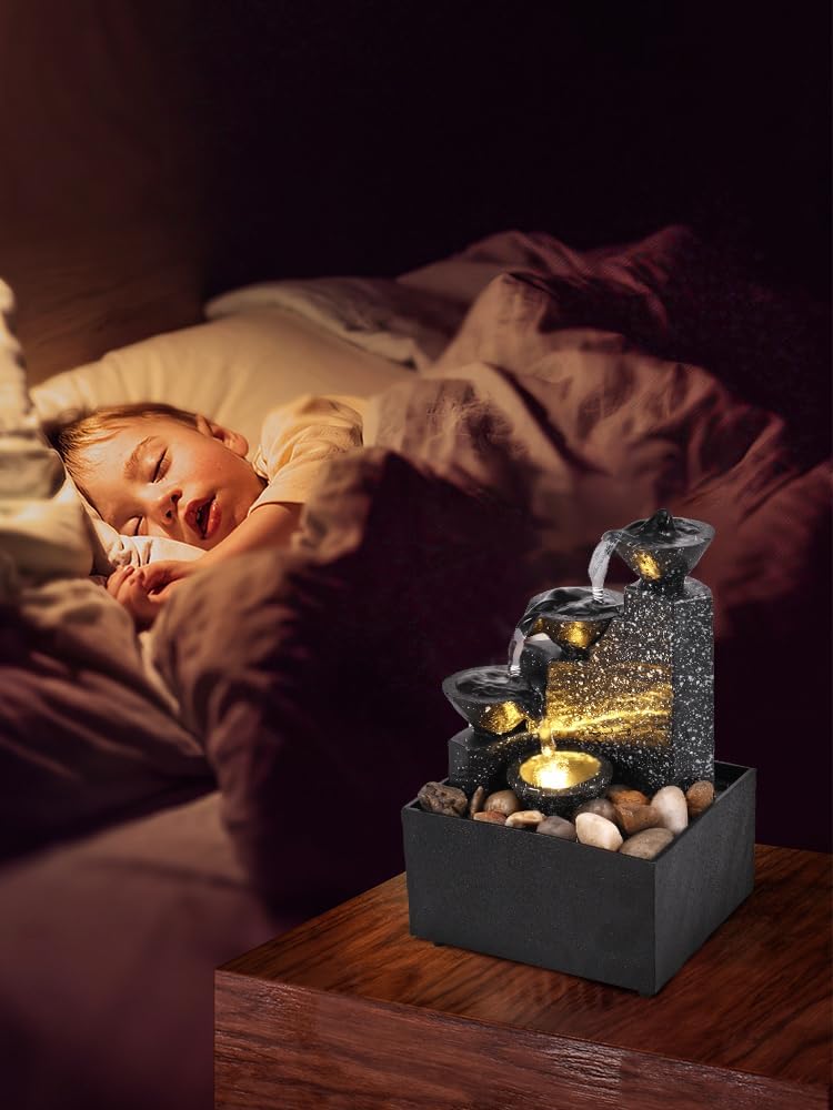 Tabletop Waterfall Decor with Soft Lights and Flowing Water