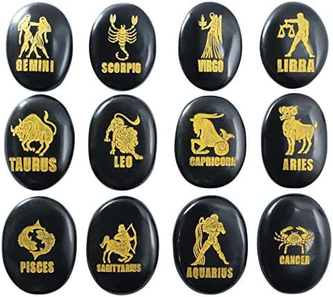 ZAICUS Black Agate Zodiac Symbols Stones Set of 12 for Reiki Healing