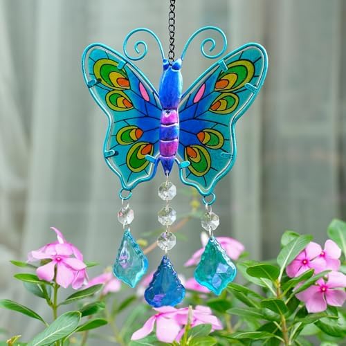 Butterfly Stained Glass Suncatcher with Chain Blue Decor