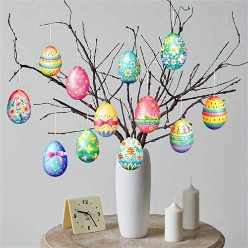 Wooden Easter Egg Hanging Decorations 12Pcs Set