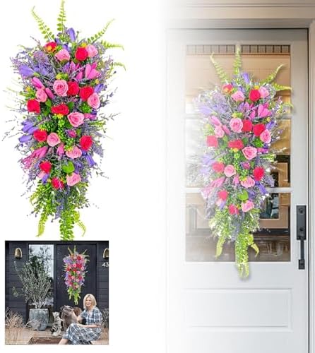 256 Inch Artificial Teardrop Spring Wreath with Flowers and Foliage