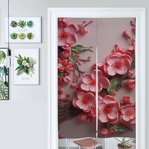 Japanese Noren Door Curtain with Leaves 34x57 Inch Split Drape