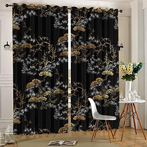 Cool Japanese Curtains Black Gold Pine Pattern Grommet Blackout Curtains 55x63in