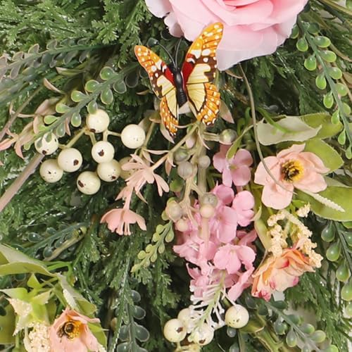 197 Inch Pink Artificial Rose Teardrop Swag Wreath with Butterflies
