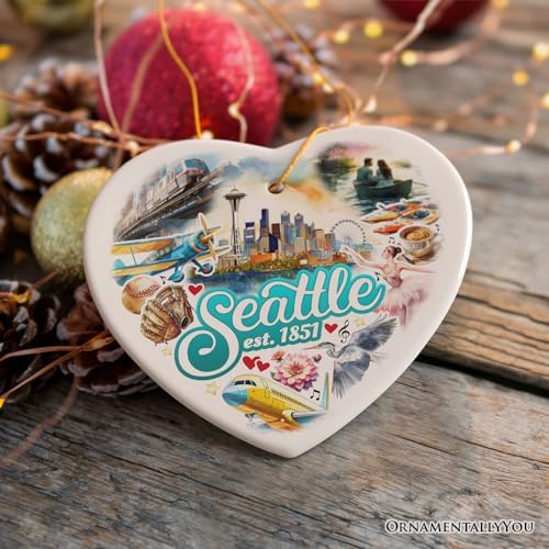 Unique Seattle Watercolor Ceramic Ornament Heart Shape