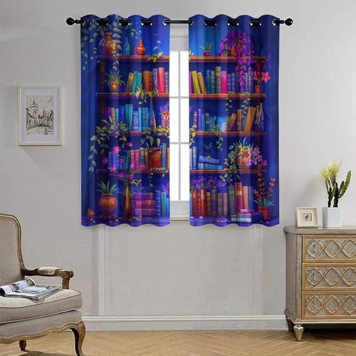 Cute Cartoon Bookshelf Curtains for Bedroom Living Room