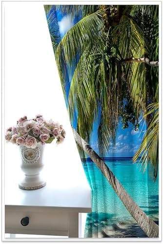 Homxi Kitchen Curtains 2 Pack Blackout with Coconut Trees and Ocean Landscape