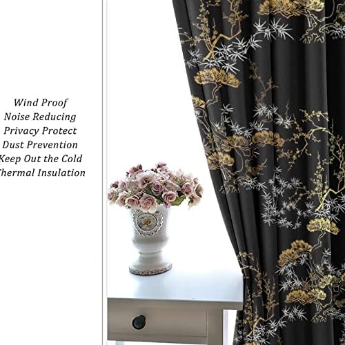 Cool Japanese Curtains Black Gold Pine Pattern Grommet Blackout Curtains 55x63in
