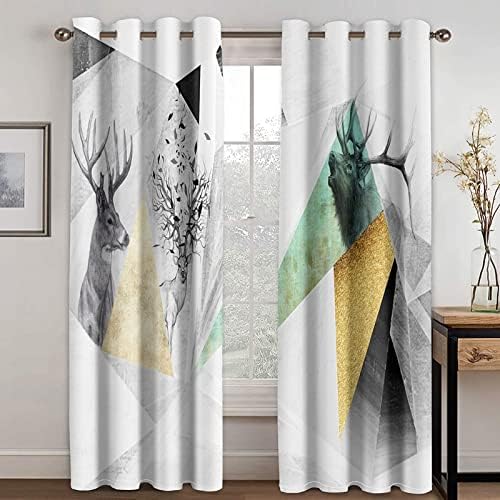 White Long Curtains with Deer Geometry Design 104 x 63